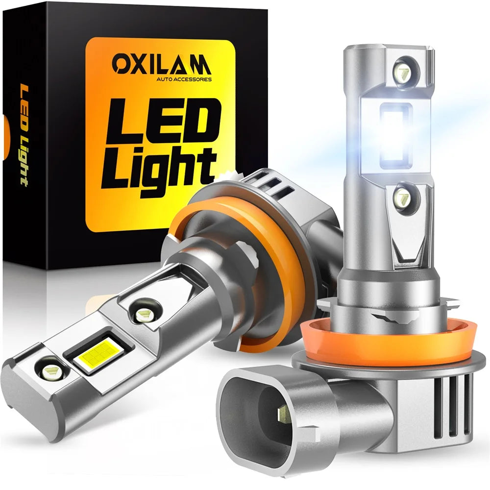A single high-performance canbus LED car headlight bulb is shown next to its packaging box.