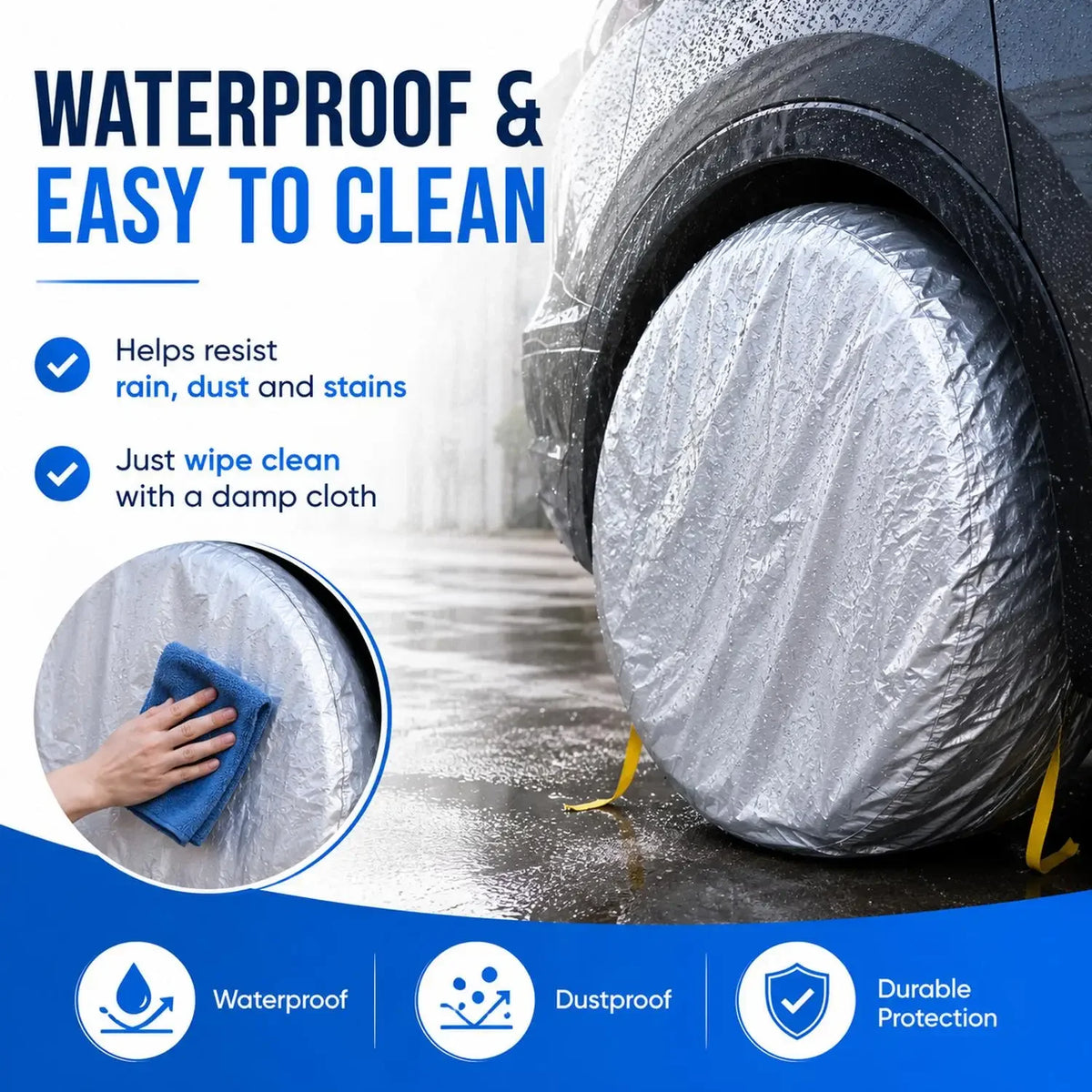 Close-up of a car tire covered with a silver waterproof storage cover, demonstrating easy cleaning and durable protection.
