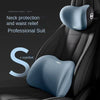 A blue neck protection and waist relief pillow is shown in use on a black car seat headrest.