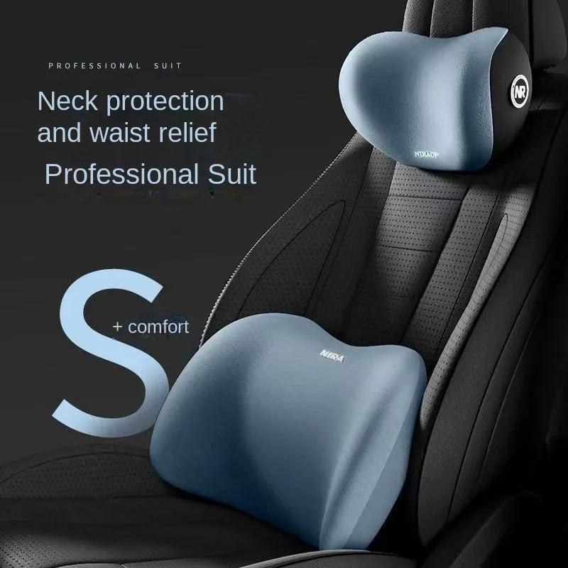 A blue neck protection and waist relief pillow is shown in use on a black car seat headrest.