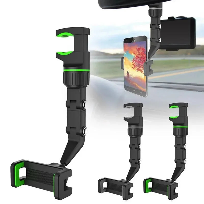 Soporte para teléfono de coche negro que gira 360° y se fija al espejo retrovisor para verlo.