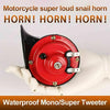 A red motorcycle snail horn is held in a hand, demonstrating its waterproof mono tweeter sound.
