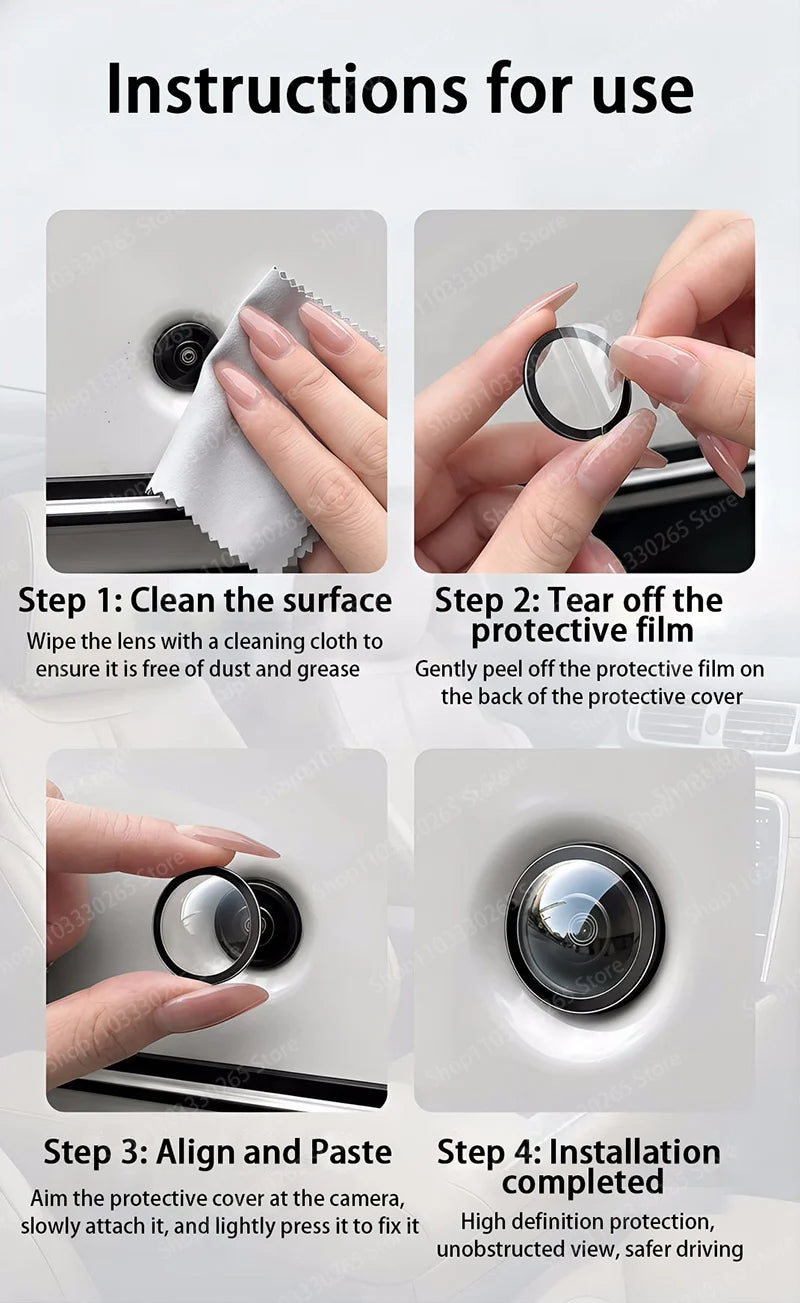 Instructions for using a universal car camera protection film showing steps to clean, tear off, align, and install the lens.