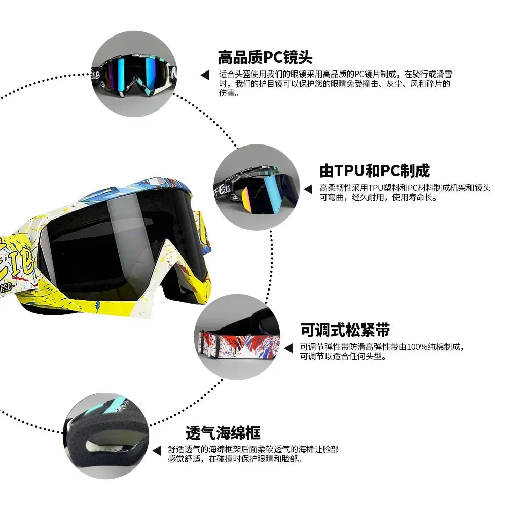 A set of motorcycle off-road goggles featuring PU and PC materials for night vision and protection.