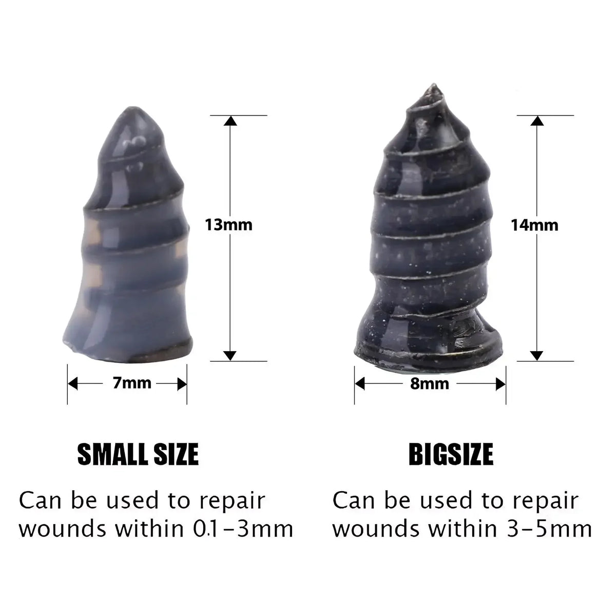 Two sizes of reusable rubber plugs for tire repair, small and big.