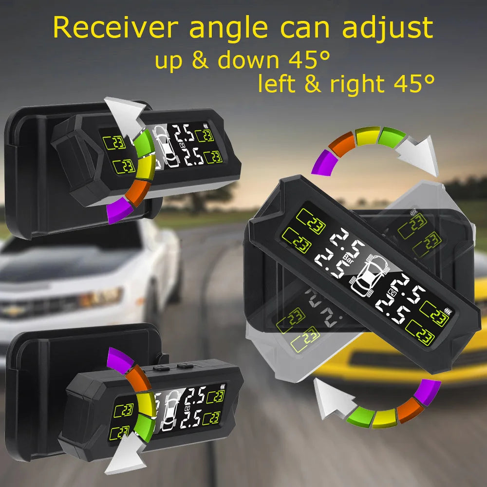 Portable solar TPMS tire pressure monitoring system with adjustable receiver angle for left and right movement