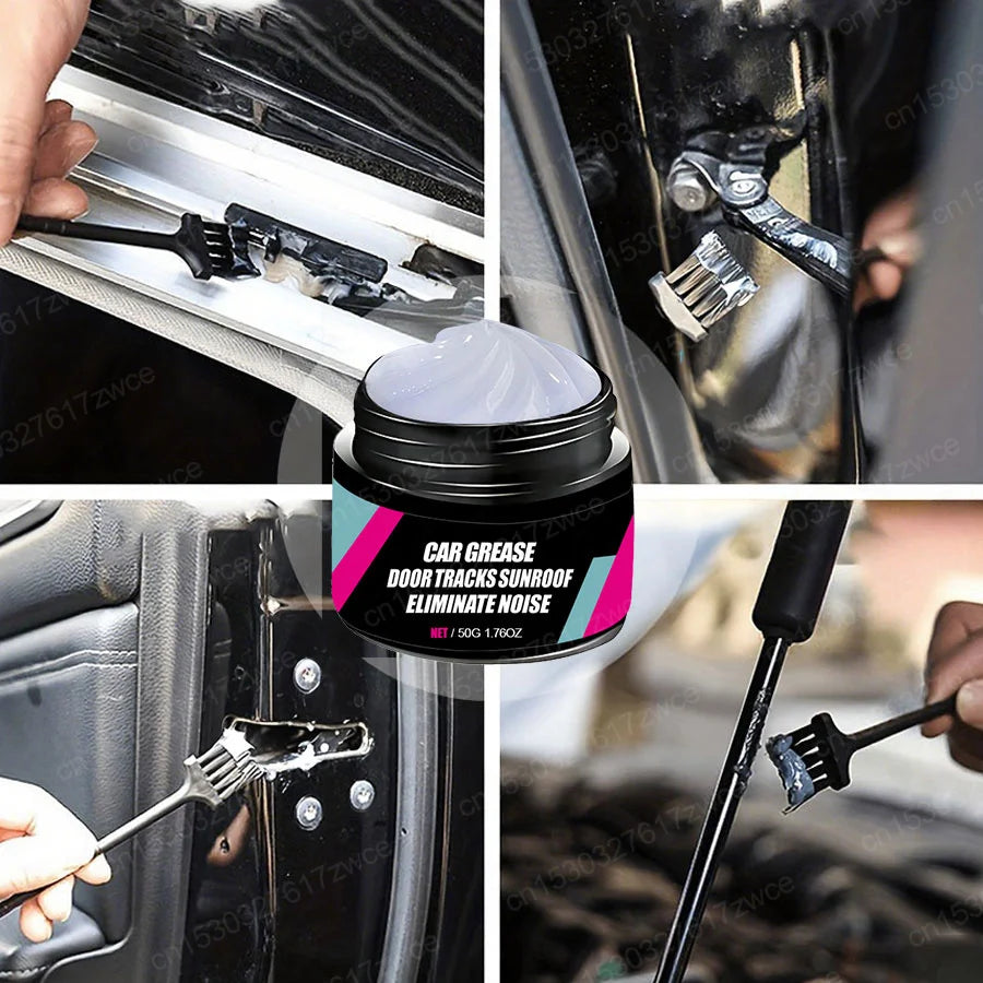 A close-up of a black automotive lubricant grease being applied to a car door track or sunroof mechanism.