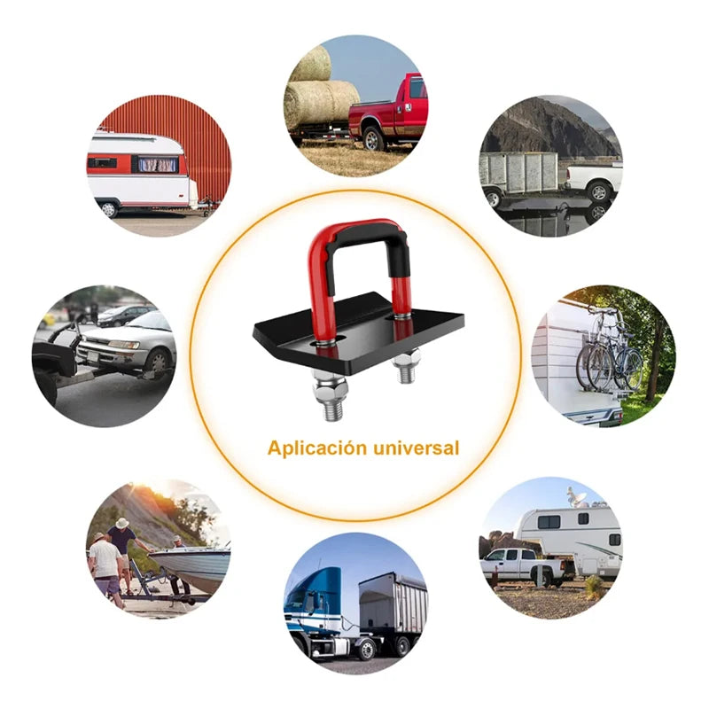 A heavy duty trailer anti-rattle stabilizer lock shown with various applications including trailers, boats, and vehicles.