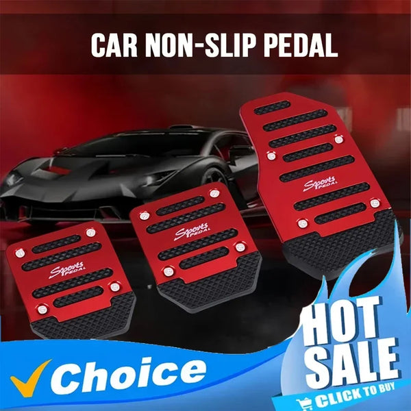 A set of red and black car non-slip pedals for a sports car, displayed on a dark background.