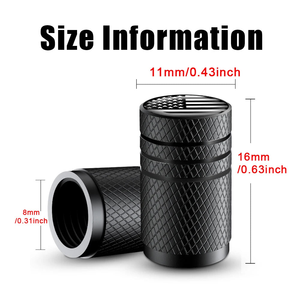A set of four black aluminum tire valve caps with 11mm diameter and 8mm inner size.
