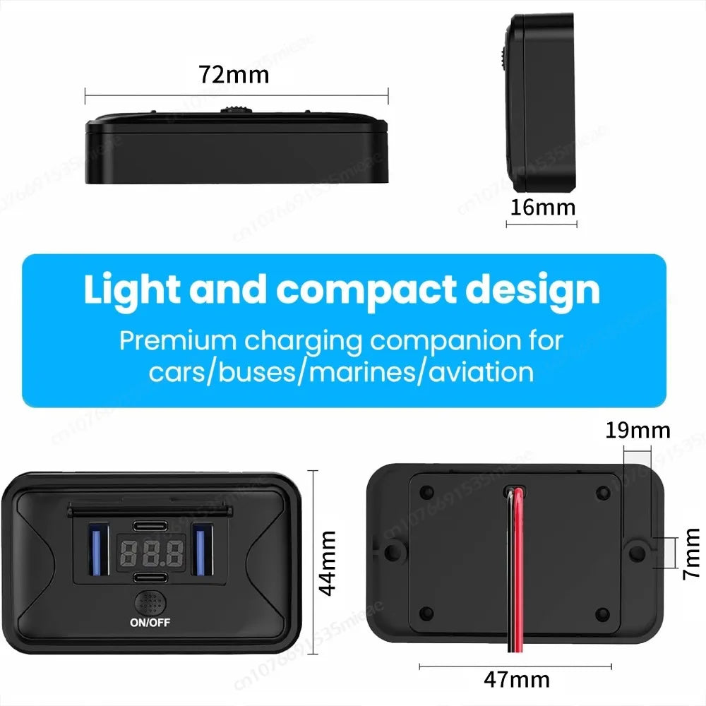 Black portable 4-port USB charger with voltmeter and switch designed for cars, buses, marines, and aviation.