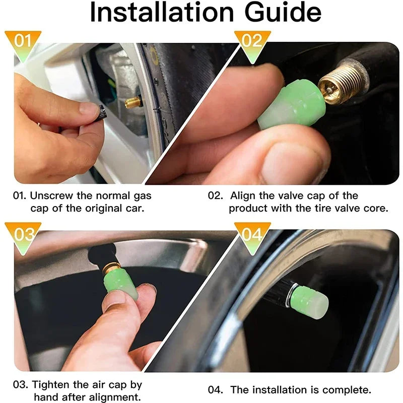 Guide d'installation montrant les étapes pour aligner et serrer les bouchons de valves lumineuses pour roues.