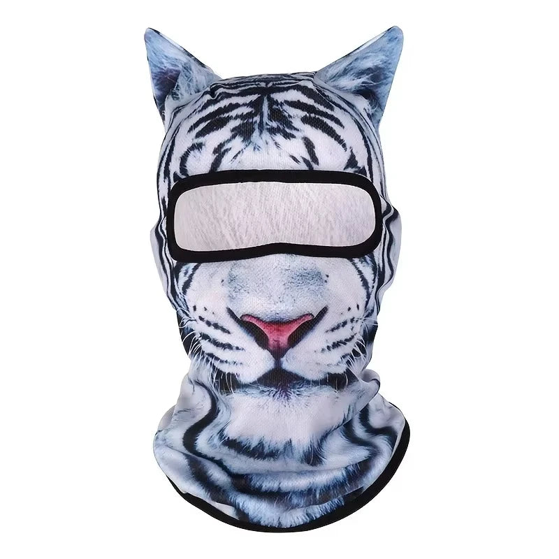 Máscara balaclava de tigre en blanco y negro con abertura ocular transparente.