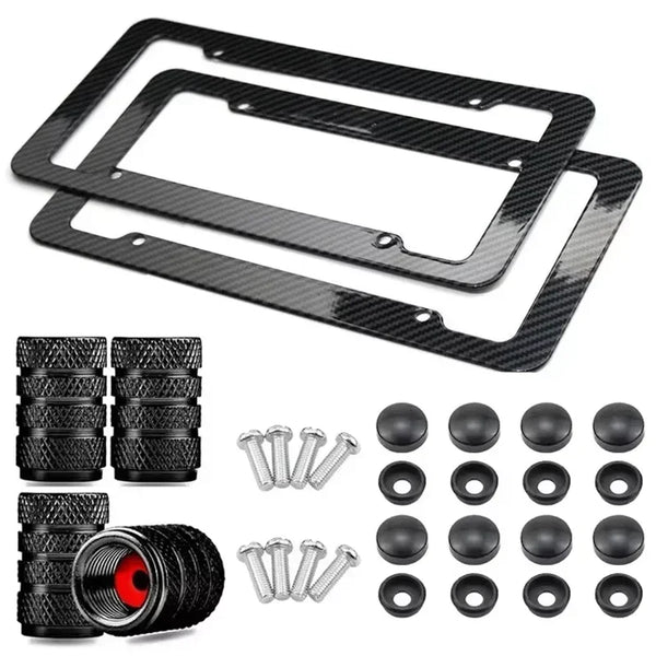 Black carbon fiber license plate frame and mounting hardware set