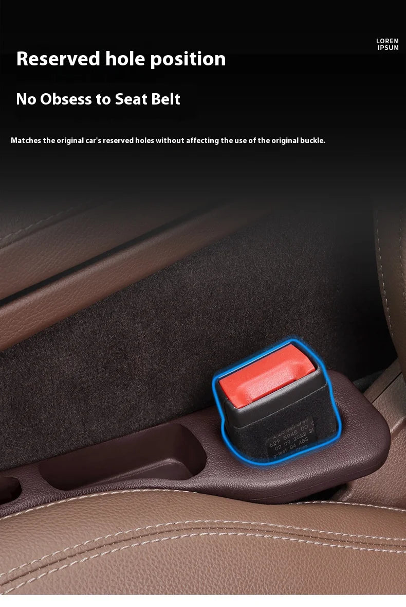A black car seat gap plug and storage organizer is shown in a brown leather interior compartment.