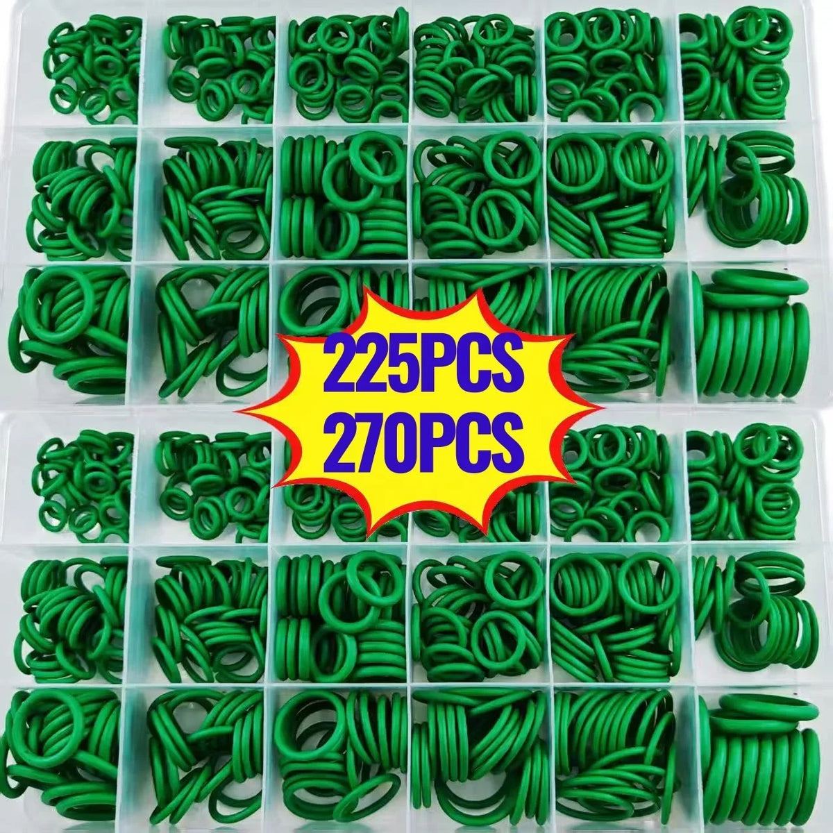 Assortment of green rubber O-ring gaskets in various coil shapes and sizes for automotive AC systems