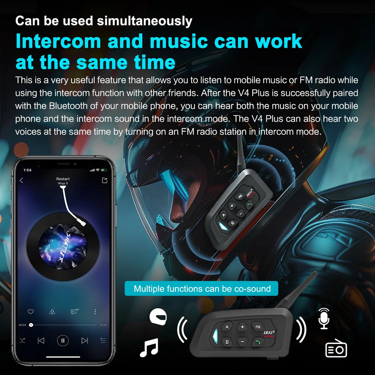 A motorcycle Bluetooth intercom helmet system showing a smartphone paired with an FM radio in intercom mode.