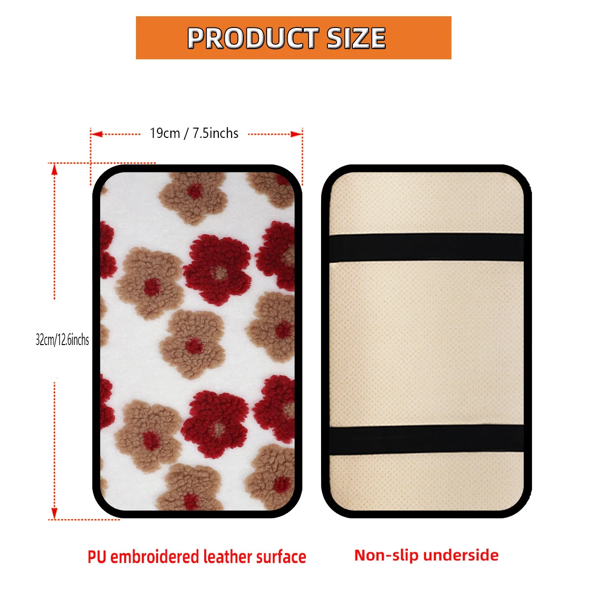 A rectangular car armrest cushion with a PU embroidered leather surface and a non-slip underside.