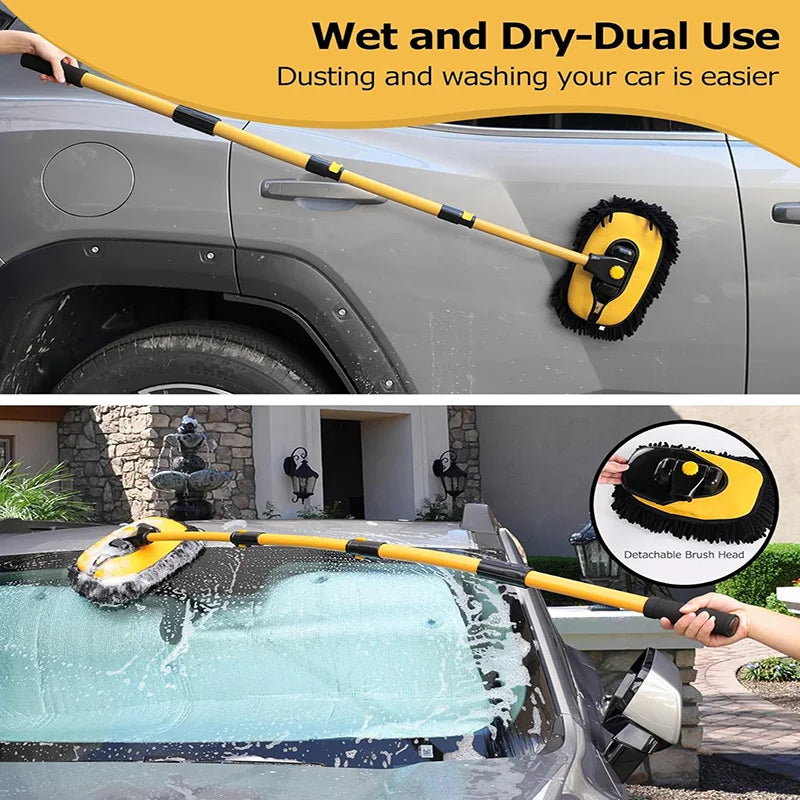 A yellow telescoping car wash mop with a brush head is shown being used to clean the exterior of a silver car.