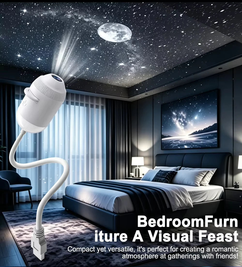 A white projector night light illuminates a starry sky effect on the ceiling in a modern bedroom setting.