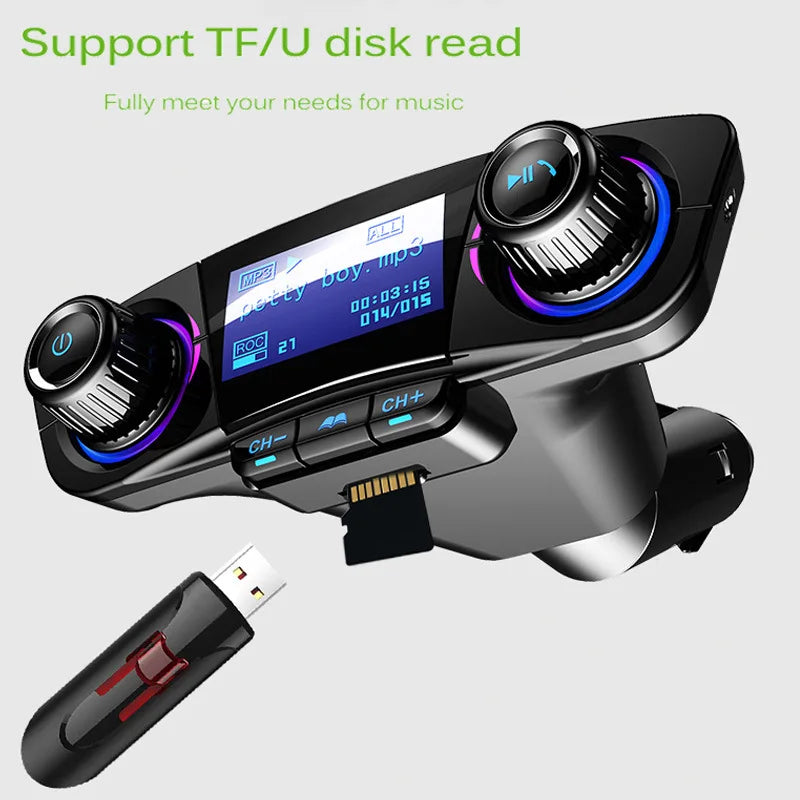 A black Bluetooth car stereo FM transmitter device with a plug attached, shown against a light gray background.