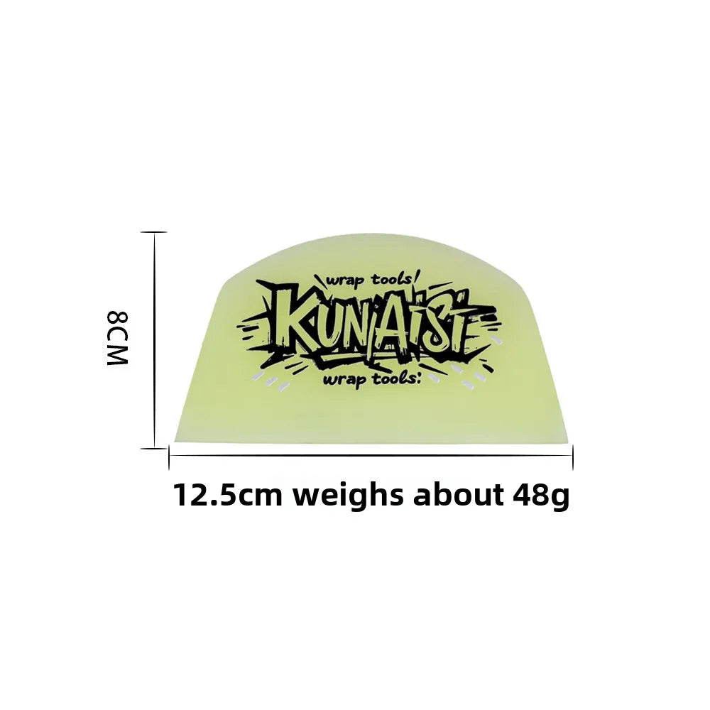 A yellow-green invisible car film scraper tool measuring 8cm and weighing about 48g.