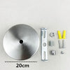 Modern stainless steel pendant lamp components including a circular plate, mounting bracket, and various screws.