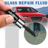 A hand holds a glass repair fluid applicator next to a red car, showing the fluid being applied to a cracked windshield.