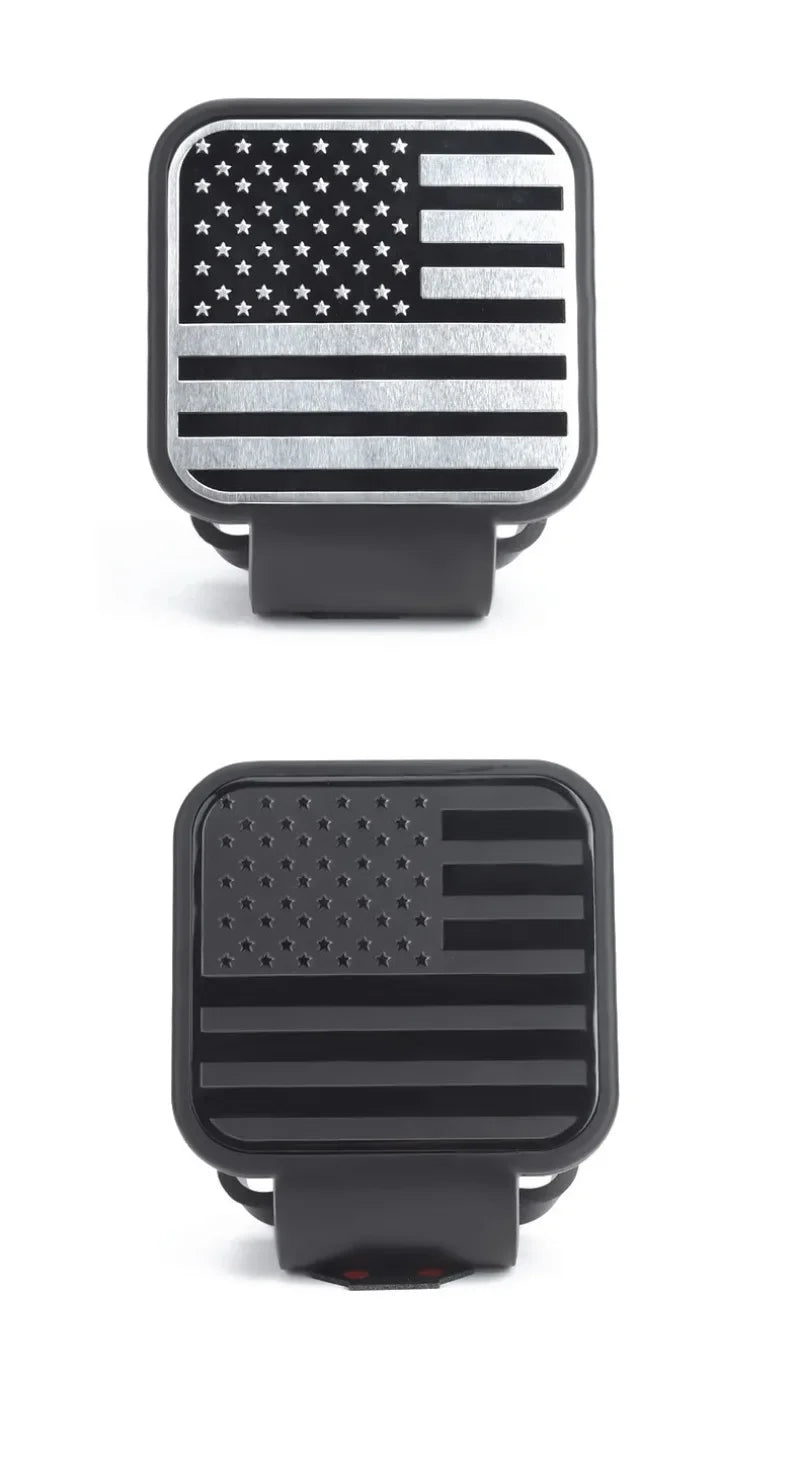 Black universal trailer hitch cover with a distressed American flag design.