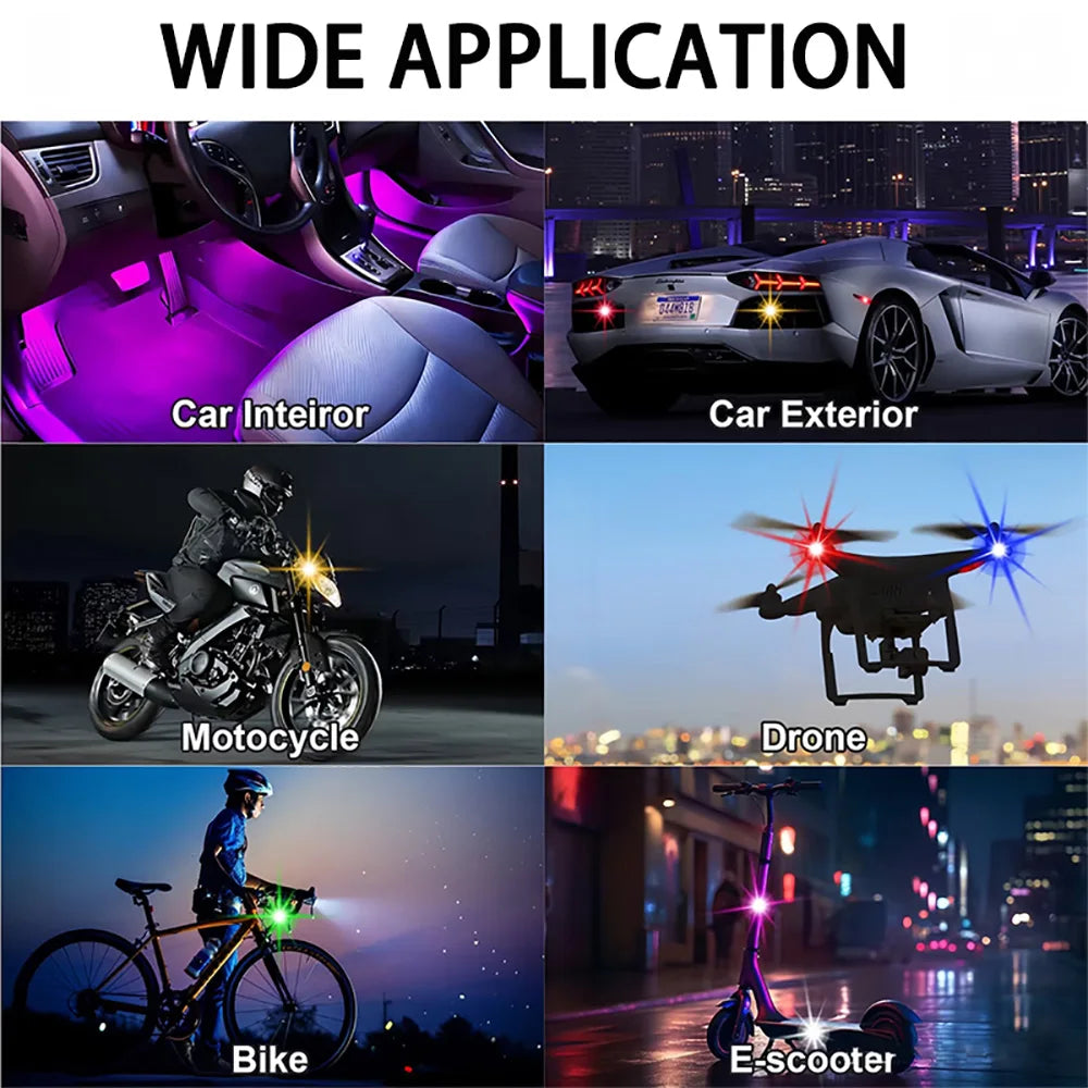 A collection of products including car interior and exterior lights, a motorcycle, a drone, a bicycle, and an electric scoote