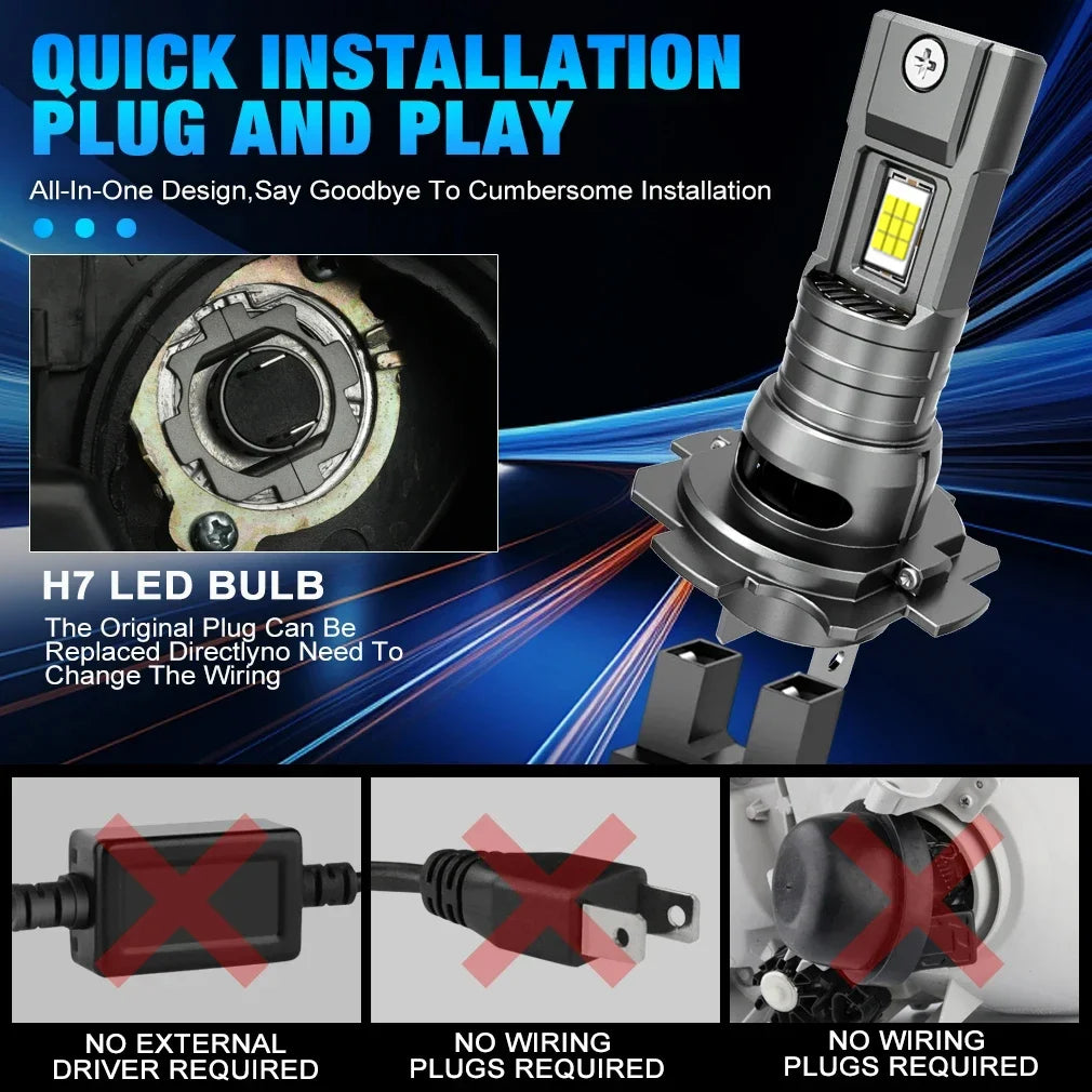 Plug and play H7 LED bulb for car headlights, showing installation ease and no external driver or wiring needed.
