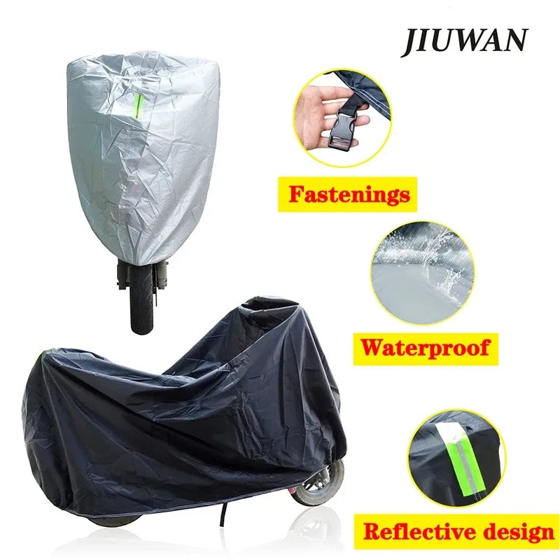 A black waterproof cover for a motorcycle or scooter, featuring fastenings and a reflective design.