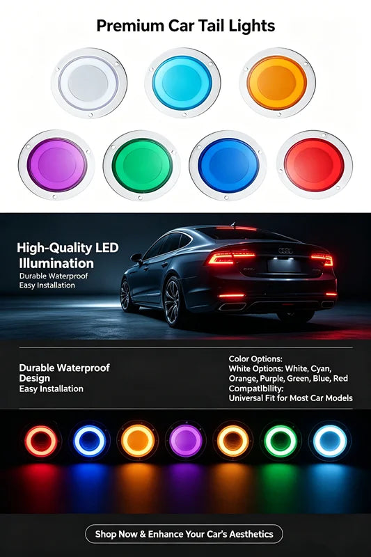 A collection of various round LED car tail lights in different colors and designs for truck applications.