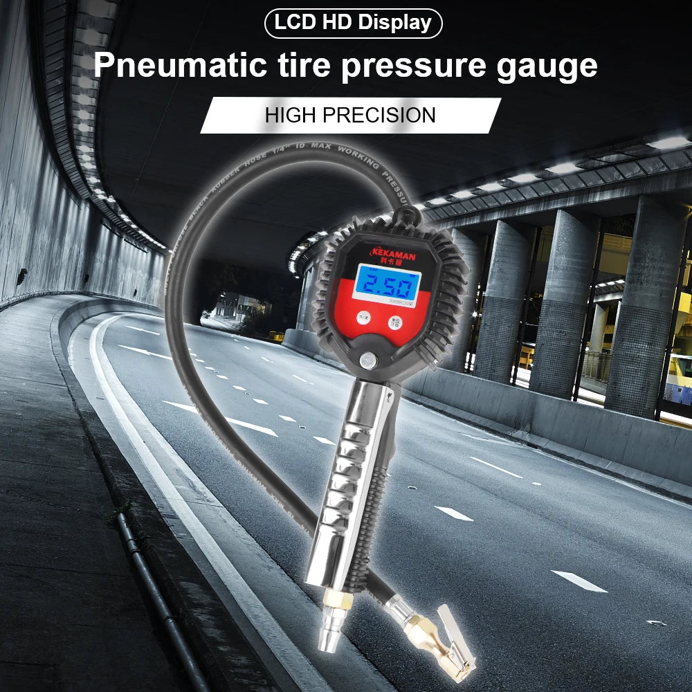 A close-up view of a pneumatic tire pressure gauge with an LCD display is shown against a backdrop of a road.
