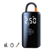Inflador eléctrico portátil negro con manguera flexible y pantalla digital que muestra 2.50 BAR.