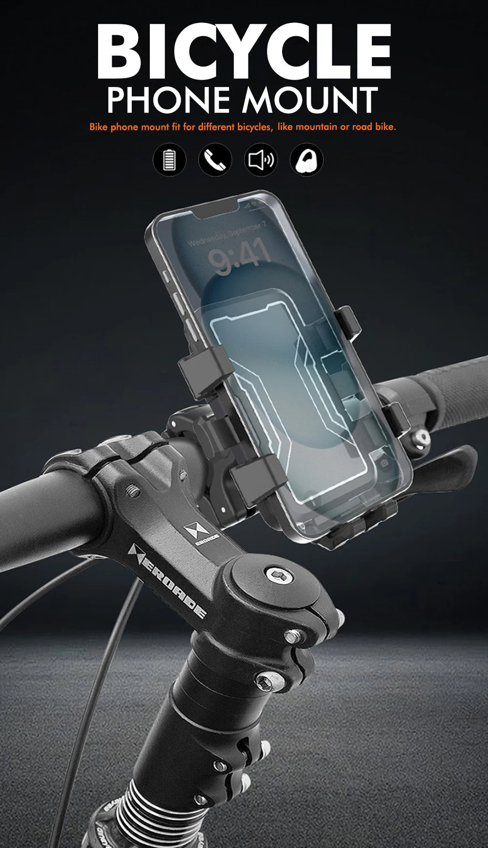 Ein transparentes Fahrrad-Handyhalter wird an einem Fahrradlenker befestigt, zeigt verschiedene Montageoptionen.