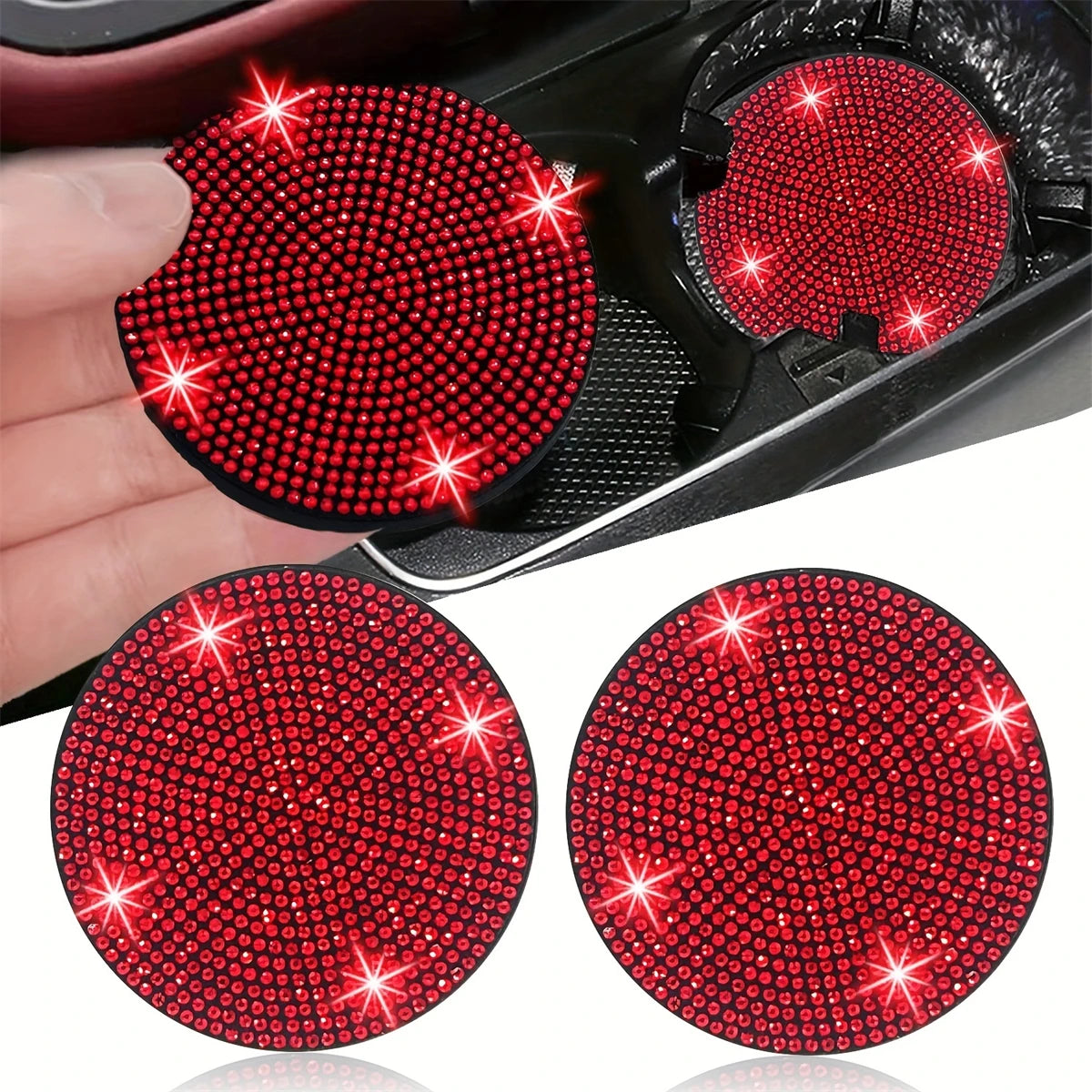 Two round red imitation diamond car cup coasters with sparkling accents