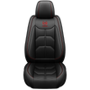 Black universal PU leather car seat covers with red stitching and a design logo