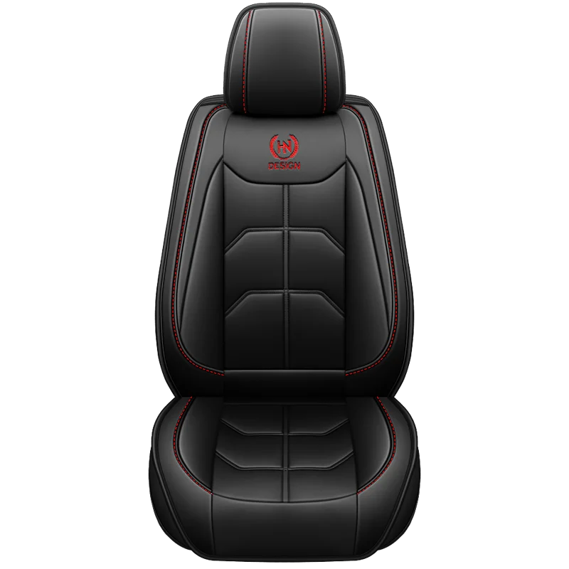 Black universal PU leather car seat covers with red stitching and a design logo