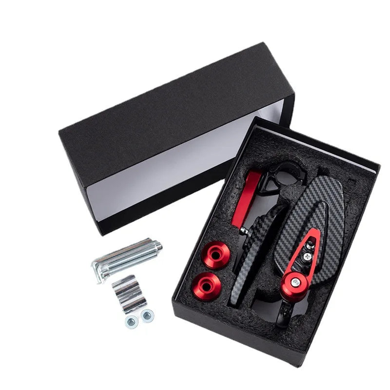 A black box containing carbon fiber handlebar rearview mirrors and mounting hardware for motorcycles.