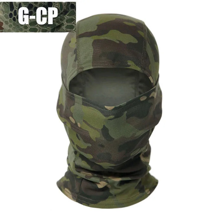 A camouflage tactical balaclava full face mask in a green and brown pattern.
