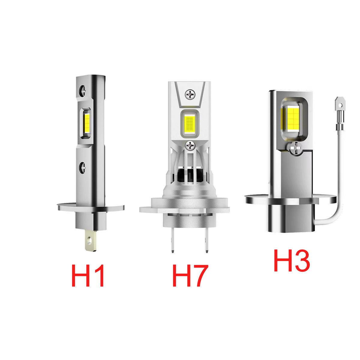 Three versions of high-performance LED automotive headlight bulbs labeled H1, H7, and H3.