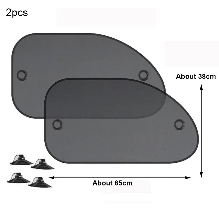 Two gray car side window sunshade curtains with suction cup mounting shown in various views.