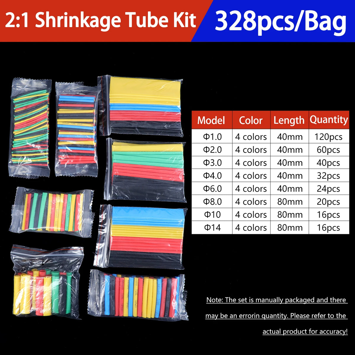 A package of 2:1 shrinkage tubing kit with various colored heat shrink tubes in different lengths and quantities.