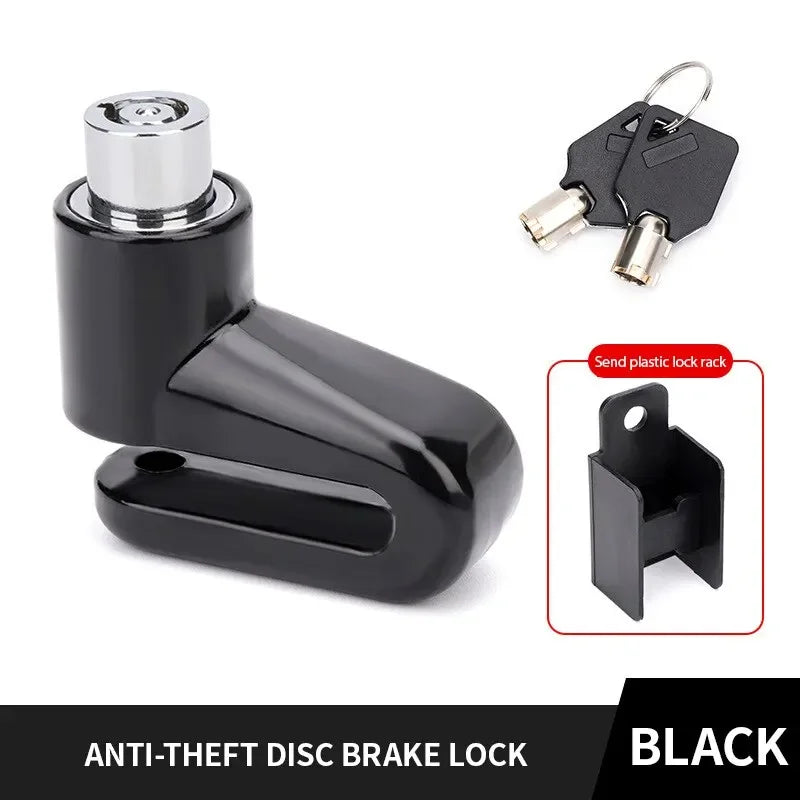 Black anti-theft disc brake lock with a key and a lock rack for motorcycle wheels