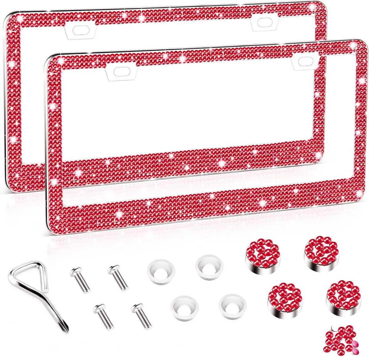 A red rhinestone license plate frame with mounting tabs and various installation hardware.