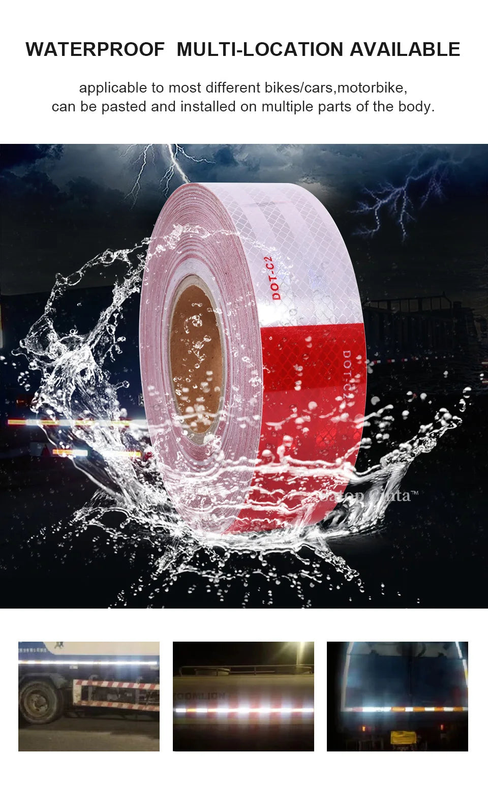 Roll of waterproof multi-location reflective safety tape being splashed by water.