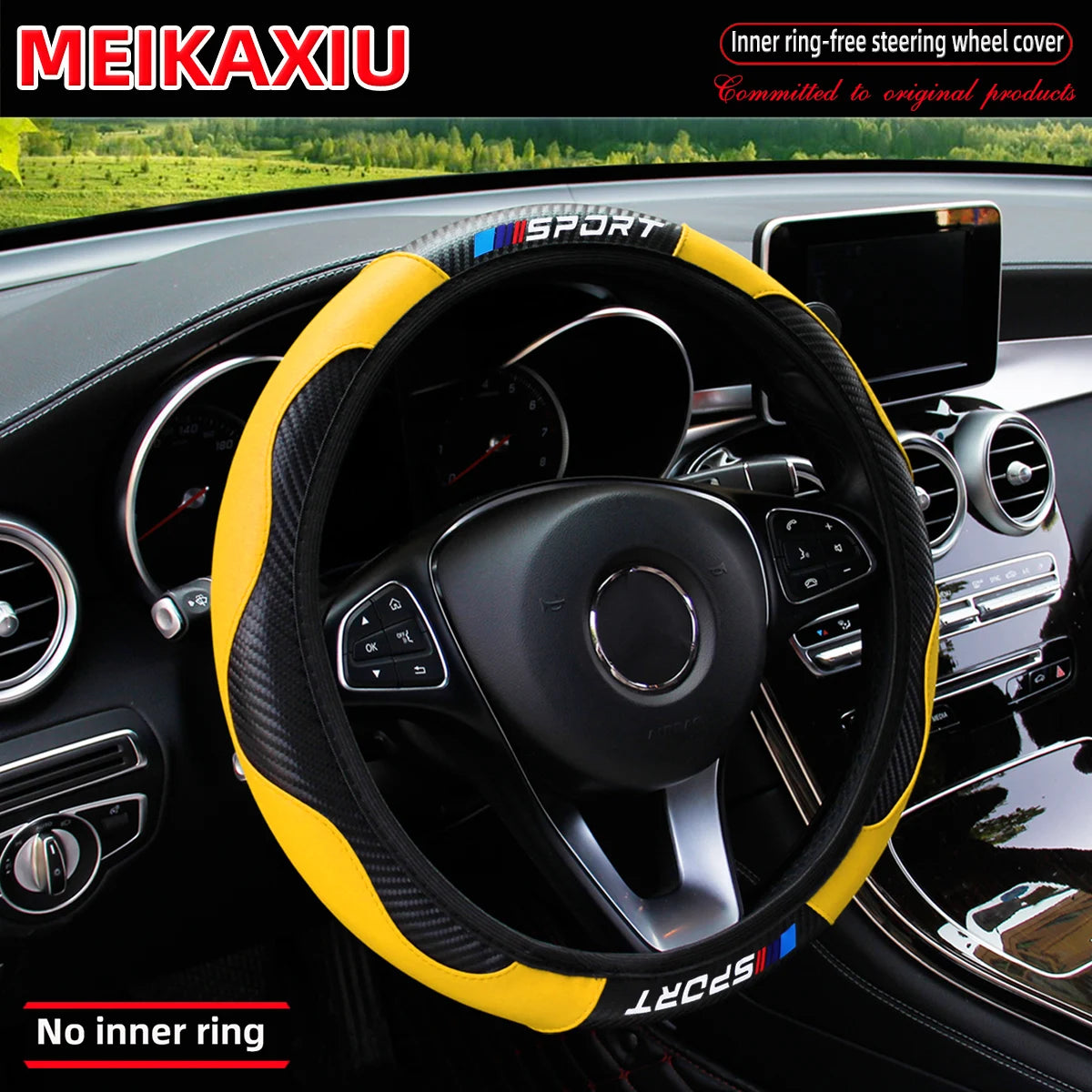 Yellow and black carbon fiber steering wheel cover installed in a car interior.