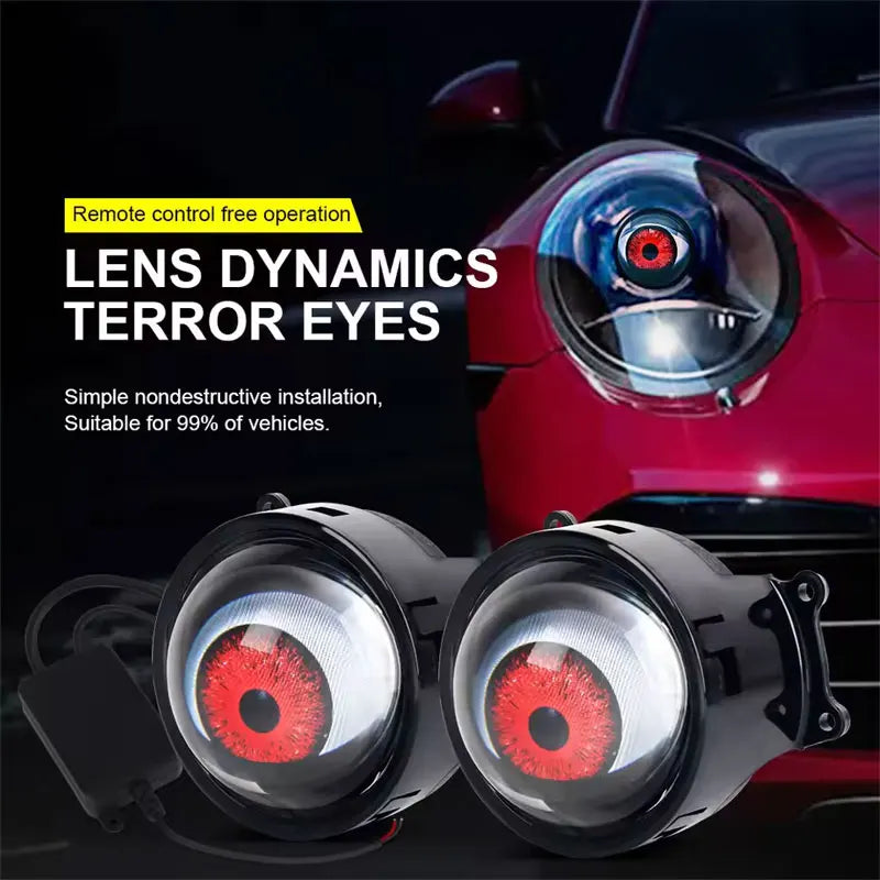Pair of lens dynamics terror eyes LED car lights installed on a red vehicle.