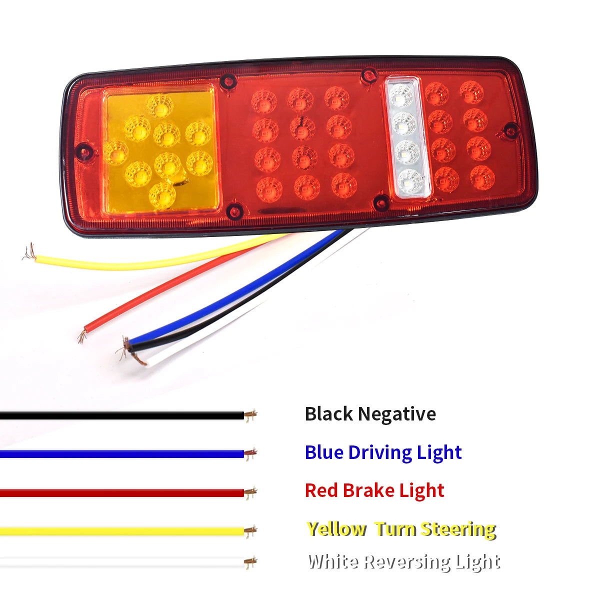 Dual high-brightness truck tail lights with separate yellow turn signal and white reversing light bulbs and wiring